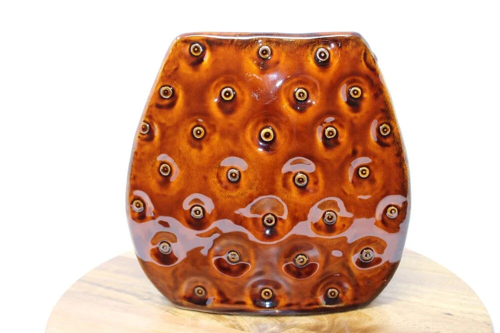 Mid Century Modern Brown Ceramic Circle Vase Dimpled Bullseye Studio Art Pottery